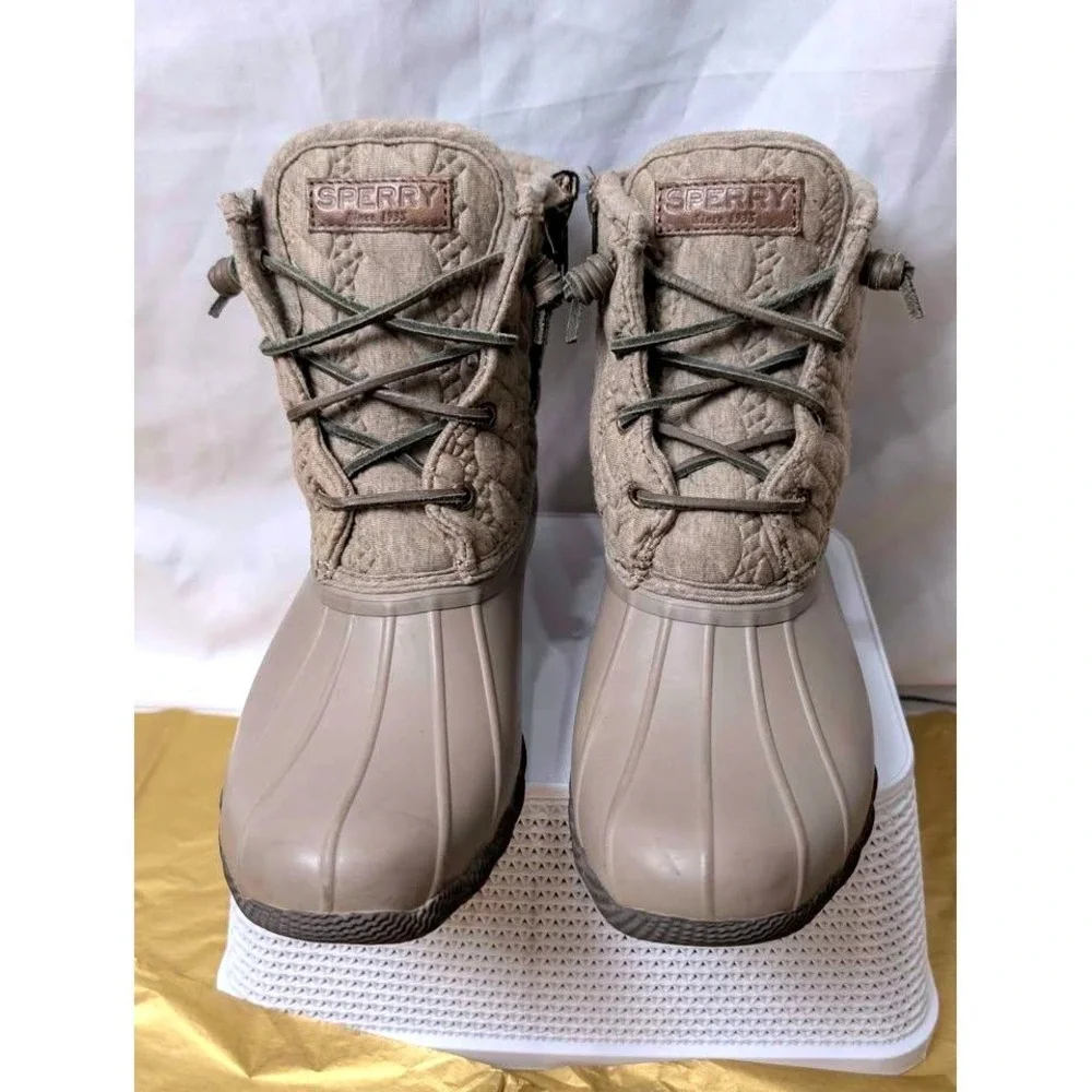 Sperry Saltwater Quilted Cable Knit Duck Boots Taupe Tan STS97184 Women's 7.5‎ M
